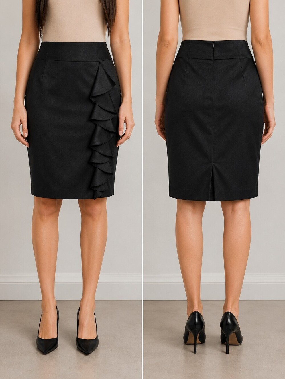 Black Paniz Satin Like Pencil Skirt In Size 12 Featuring A Flattering Knee-Lengt